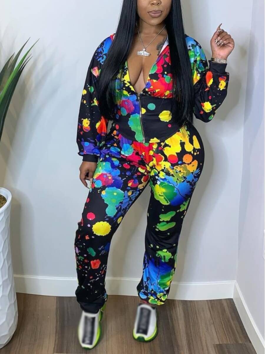 LW Casual Hooded Collar Graffiti Print Multicolor Two Piece Pants Set