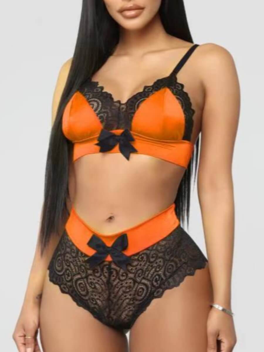 LW SXY Bow-tie Decoration Patchwork Orange Yellow Bra Sets