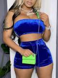 LW BASICS Casual Sleeveless Drawstring Design Blue Velvet Two Piece Shorts Set