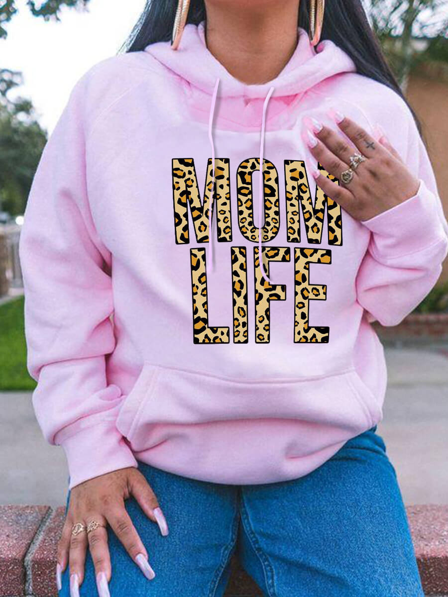 LW Street Hooded Collar Leopard Letter Print Pink Hoodie
