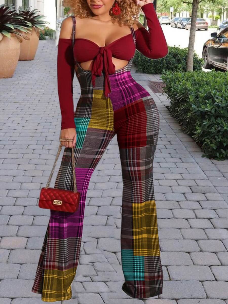 LW SXY Off The Shoulder Bandage Design Plaid Print Flared Pants Set