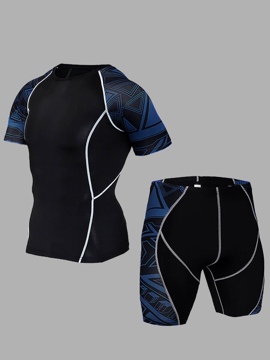 LW Men Sportswear Striped Print Patchwork Blue Two Piece Shorts Set