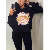 Lovely Casual Hooded Collar Doll Print Black Hoodi