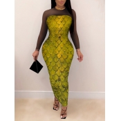 Lovely Party Mesh Fish Print Yellow Ankle Length D