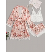 Lovely Home Style Floral Print Lace-up Dusty Pink 