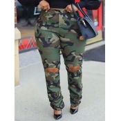 Lovely Casual Ripped Camo Print Green Plus Size Je