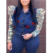 Lovely Street Lip Camo Print Deep Blue Denim Jacke