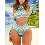 Lovely Sexy Geometric Print Patchwork Blue Tankini