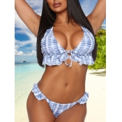 Lovely Sexy Print Lace-up Flounce Design Blue Two-