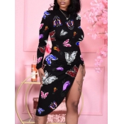 Lovely Casual O Neck Butterfly Print Black Mid Cal