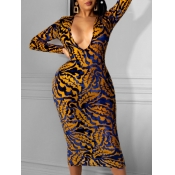 Lovely Casual V Neck Print Blue Knee Length Dress