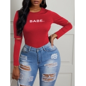 Lovely Casual O Neck Letter Print Hollow-out Red T