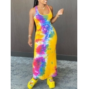 Lovely Casual U Neck Tie-dye Yellow Ankle Length D