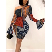 Lovely Sweet Flared One Shoulder Geometric Print D