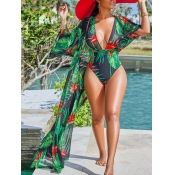 Lovely Sweet Floral Print Patchwork Green One-piec