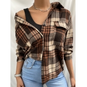 Lovely Casual Plaid Print Pocket Design Brown Blou
