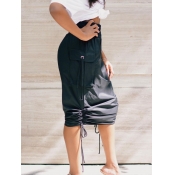 Lovely Casual Drawstring Side Pocket Black Knee Le