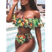 Lovely Sweet Floral Print Flap Over Green Tankini