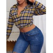 LW Casual Button Design Plaid Print Yellow Blouse