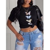 Lovely Casual O Neck Butterfly Print Black T-shirt