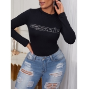 LW Casual O Neck Letter Print Black T-shirt