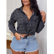 LW Stylish Turndown Collar Print Loose Black Shirt