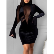 Lovely Sexy Turtleneck Mesh Patchwork Black Knee L