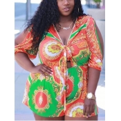 Lovely Plus Size Bohemian V Neck Print Green One-p