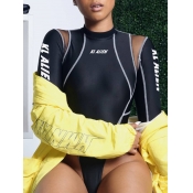 LW Casual O Neck Patchwork Black Bodysuit