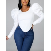 Lovely Casual Hubble-bubble Sleeve Patchwork White
