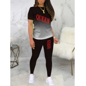 Lovely Trendy Gradient Letter Print Black Two Piec