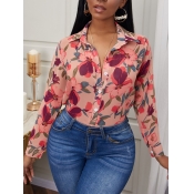 Lovely Sweet Turndown Collar Floral Print Pink Blo