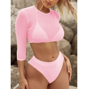 Lovely Casual O Neck See-through Pink Tankini