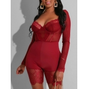 LW Sexy Lace Patchwork Skinny Red One-piece Romper