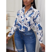 Lovely Formal Geometric Print Patchwork Blue Blous