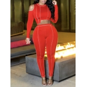 Lovely Casual O Neck Hollow-out Striped Red Two Pi