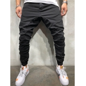 Lovely Casual Mid Waist Fold Design Black Men Pant