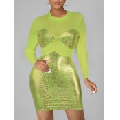 LW Party Sequined Mesh Patchwork Green Mini Dress