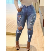 Lovely Street High-waisted Broken Holes Blue Jeans