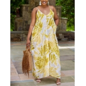 Lovely Bohemian Spaghetti Strap Print Yellow Ankle