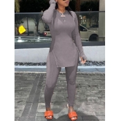 LW Casual O Neck Split Grey Two Piece Pants Set