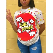 LW Casual Dot Letter Print Patchwork White T-shirt