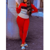 Lovely Chic Geometric Print Patchwork Red Two Piec
