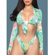 LW Casual Knot Design Print Green Tankini
