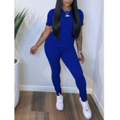 LW Casual O Neck Elastic Blue Two Piece Pants Set