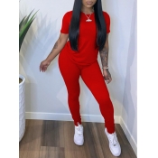 LW BASIC Casual O Neck Elastic Red Two Piece Pants