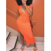 LW Casual V Neck Side Split Orange Ankle Length Dr