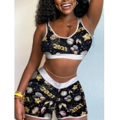 Lovely Chic Letter Star Print Patchwork Black Slee