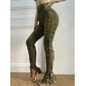 Lovely Casual Mid Waist Fold Design Green Pants