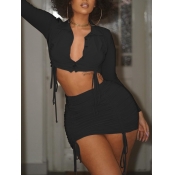 LW SXY Chic Button Design Ruched Drawstring Black 